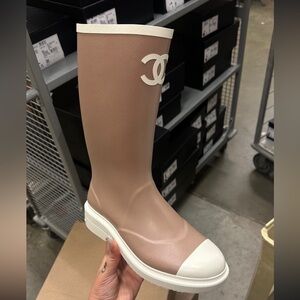 CHANEL Beige and White Logo Rain Boots